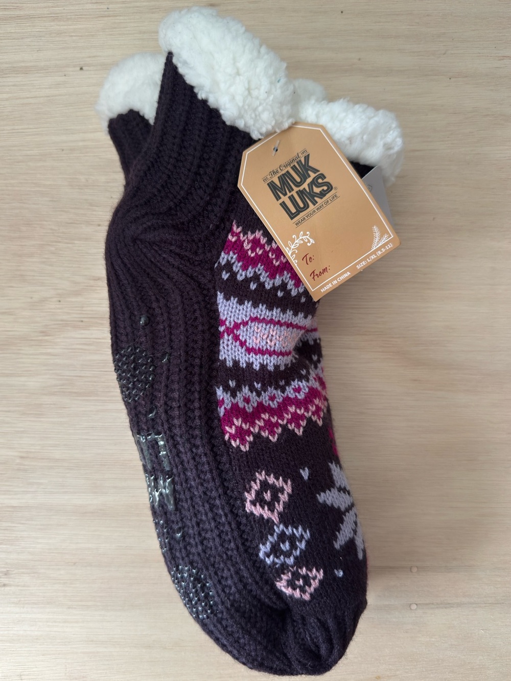 Muk Luks Purple Knit Sherpa-Lined Slipper Socks with Pink Pattern Accents
